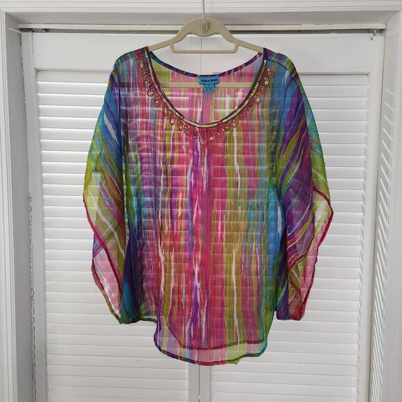 Aqua Blue Dolman Sleeve Top | Ballet Neck Bold Print | Pre-Owned - Picture 1 of 8